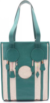 Herm&egrave;s Beige Green Toile H Leather Evercalf Leather Tote Bag (Pre-Owned)