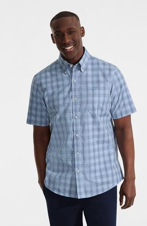 Lands End Short Sleeve No Iron Twill Shirt in Light Indigo Blue Plaid at Nordstrom, Size Mt