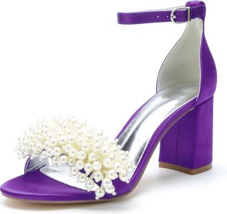 Generic Block Heels Pearls Wedding Sandals Open Toe Ankle Strap Bridal Evening Party Summer High Heels Shoes 8Cm,Dark Purple,10 UK