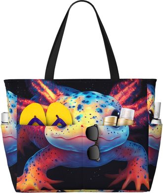 Generic Colorful Axolotl Print Large Beach Bag Foldable Travel Shoulder Tote Bag With Pocket For Weekender Pool Vacation