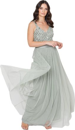 Maya Womens Ladies Maxi Dress Long Length Wedding Guest Bridesmaid Prom Summer Evening Gown V Neck Straps Bow Tie, Green Lily, 12