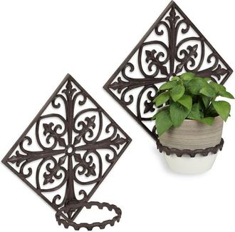 Relaxdays Relaxdays Set of 2 Wall Flower Racks, Cast Iron, Antique, Garden Plant Holder, Ø 13 cm, Decorative, Ornate, Dark Brown