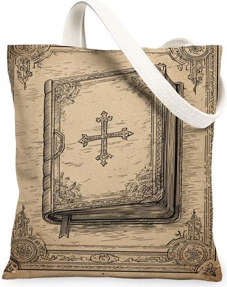 Generic Vintage Book Canvas Tote Bags, Rustic Antique Design Lightweight Washable Shoulder Strap Reusable Grocery Bags for Outdoor, Beige, 13x15 Inch