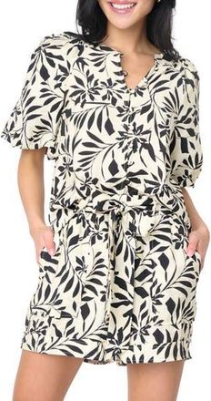 Gibsonlook Playa Floral Puff Sleeve Button-Up Shirt in Parchment/black Graphic Palm at Nordstrom Rack, Size Xx-Small