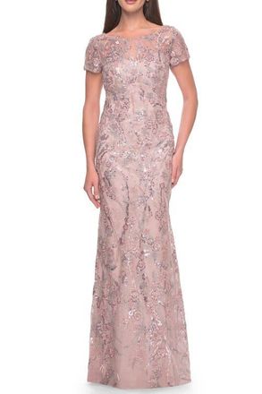 La Femme Stunning Beaded Lace Evening Gown with Short Sleeves in Mauve at Nordstrom, Size 18
