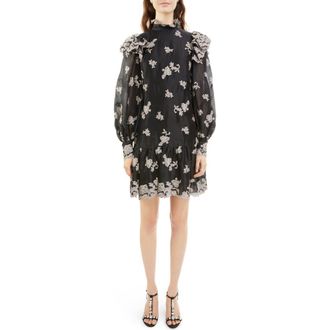 Erdem Nella Embroidered Floral Long Sleeve Organza Dress in Black at Nordstrom, Size 4 Us