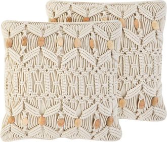 Beliani Conjunto De Cojines Decorativos De Algod&oacute;n Beige Macram&eacute; 45 X 45 Cm Cuerda Boho Retro Nicaea