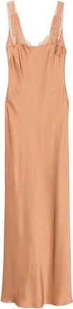Forte_Forte Abito lungo scollo pizzo envers satin - Dames - Maxi kleedjes - Bruin - S - Satijn - Kleedjes