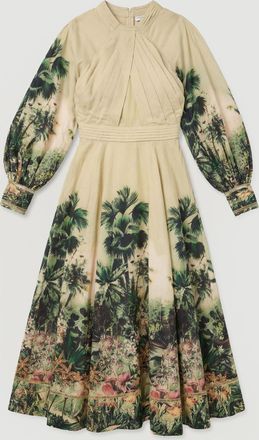 Karen Millen Womens Botanical Print Woven Balloon Sleeve Maxi Dress - Green - Size 12 UK