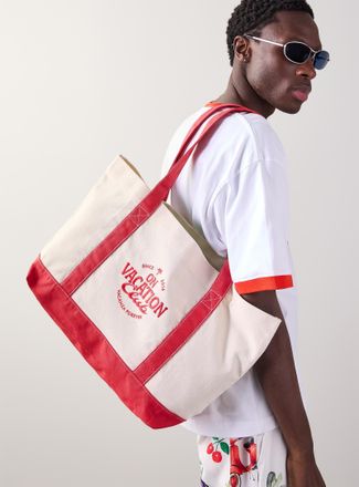 On Vacation Mens Red handle and logo Tote Bag