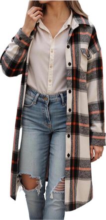 Generic Womens Plaid Shacket Jacket Long Corduroy Shirts Casual Lapel Button Down Flannel Trench Coats with Side Pockets Womens Flannel Checked Shirts Oversiz
