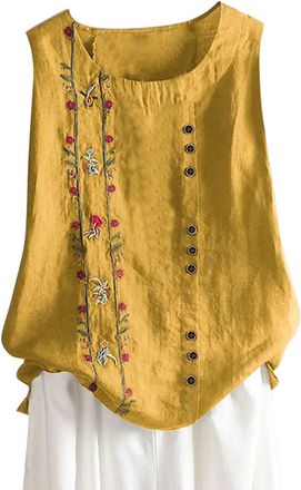 Generic HAOLEI Vest Tops Women UK Summer Cotton Linen Sleeveless T-Shirt Plus Size Loose Fit Floral Shirts Dandelion Embroidered Lounge Wear Baggy Dressy Casu