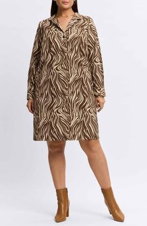 Foxcroft Sloane Zebra Print Long Sleeve Corduroy Shirtdress in Brown at Nordstrom Rack, Size 3X
