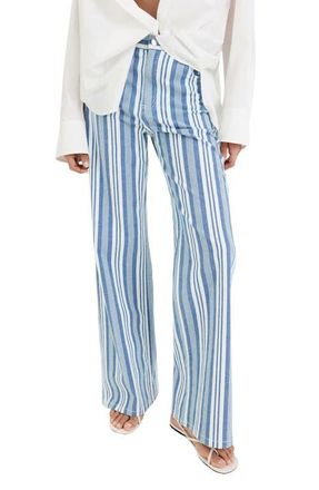 Mango Stripe Stretch Cotton Straight Leg Pants in Blue at Nordstrom, Size 10
