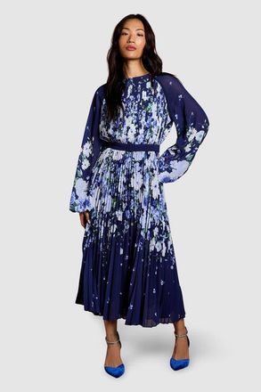 Coast Floral Pleated Georgette Midi Dress in Navy at Nordstrom, Size 4