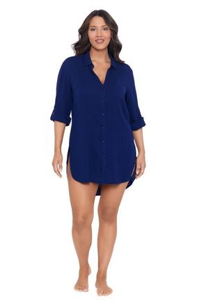 Trimshaper Button-Down High-Low Beach Shirt Coverup in Ink at Nordstrom, Size X-Large
