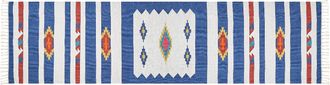 Beliani Alfombra Kilim De Algod&oacute;n Azul Blanco Rojo 80 X 300 Cm A Mano Geom&eacute;trico Borlas Varser