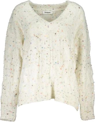 Desigual Elegante trui met V-hals en contrast en logo-detail - Dames - V-hals truien - Wit - L - Polyester - Truien & Vesten