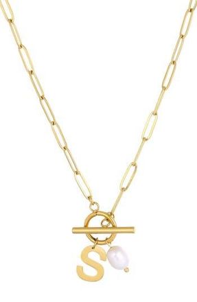 Adornia 18K Gold Plated Pearl & Initial Toggle Pendant Necklace in White/Gold-S at Nordstrom Rack