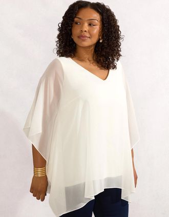 Live Unlimited London Womens Ivory Chiffon V Neck Overlay Top - Cream - Size: 14