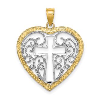 Diamond2Deal 10k Yellow Gold RhodiumCut-Out Beaded Filigree Heart Cross Charm