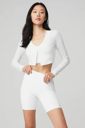 Alo | Ribbed Cropped Whisper Cardigan Top in White, Size: 2XS