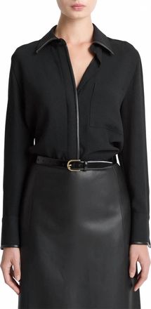 Vince Faux Leather Trim Blouse In Black