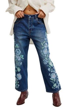 Free People Deep Trance Floral Embroidered Nonstretch Wide Leg Jeans in Forget Me Not at Nordstrom Rack, Size 31