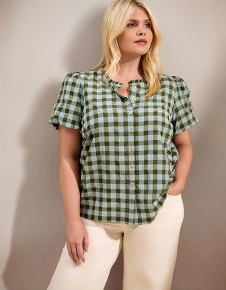 Live Unlimited London Womens Green Gingham Button-Through Puff Sleeve Top - Size: 16