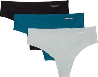 Calvin Klein Underwear Invisibles 3-Pack Thong Womens Underwear Teal Marine/Cloud Blue/Black : LG (Womens 12-14), Nylon/Elastane