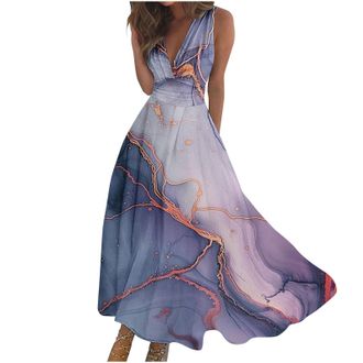 Generic Womens Elegant Summer Blue Floral Maxi Dress, Long Sleeve, V-Neck, Button Down, Regular Fit, Lightweight, Stretchable, Size L, UK 8, EU 34, Bust 88cm,