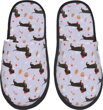 Generic Plush Slippers Dachshund Dog Puppy Santa Hat Purple Furry Slippers Warm House Shoes For Travel Indoor Women M