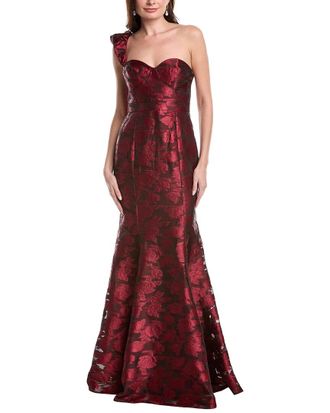 Rene Ruiz One Shoulder Metallic Brocade Mermaid Gown