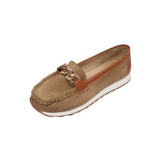 Generic Loafers for Women Slip On Casual Walking Shoes Solid Color Classic Non-Slip Metal Chain Breathable Comfortable Dressy Flat Shoes Work Holiday Khaki