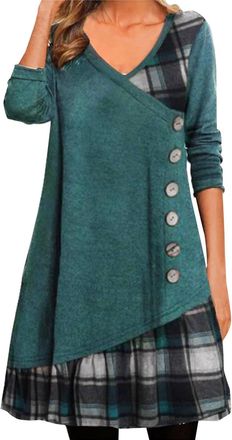 Generic Jumper Dress for Women Causal Loose Crew Neck Dress for Women UK Ladies Button Detail Work Office Autumn Winter Knee LengthVintage Comfortable Tunic C