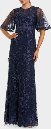 Mac Duggal Embellished Lace Flutter-Sleeve Gown