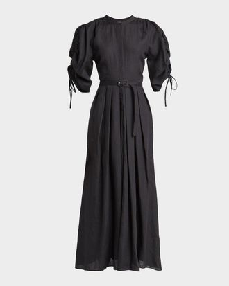 Gabriela Hearst Linnea Ruched-Sleeve Pleated Linen Maxi Dress With Belt