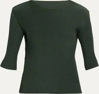 Issey Miyake Rhombus Pleated Elbow-Sleeve Top