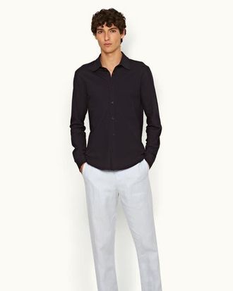Orlebar Brown Giles Pique Classic Collar Cotton Pique Shirt in Night Iris at Nordstrom, Size Xx-Large