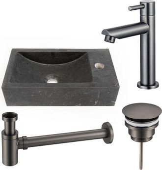 Saniclass Fuente fonteinset - 40x22 - 1 kraangat - rechts - natuursteen - fonteinkraan Geborsteld Gunmetal PVD - donker