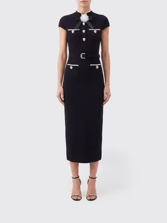 Self Portrait Sheath Midi Dress in Wool Crepe with Jewelled Buttons and a Decorative Bow