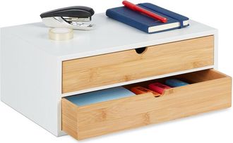 Relaxdays Desk Organiser, 2 Drawers, for Office Supplies, h x w x d: 14 x 33 x 21 cm, Bamboo & mdf, White/Natural - Relaxdays