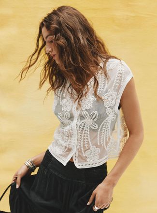 Icone Womens Sheer beaded and crocheted floral vest