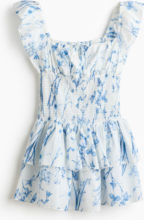 H&M Kleid mit gesmokter Taille - Weiss/Blau Gebl&uuml;mt