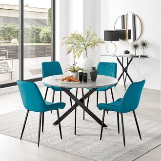 Furniturebox Novara Grey Concrete Effect Black Leg 120cm Round Dining Table & 4 Pesaro Black Leg Chairs in Blue