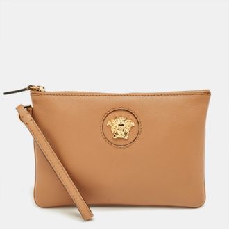 Versace Brown Leather Medusa Wristlet Pouch