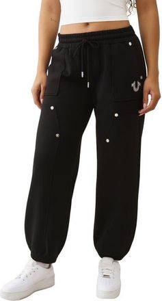 True Religion Studded Carpenter Boyfriend Joggers in Jet Black at Nordstrom, Size X-Small