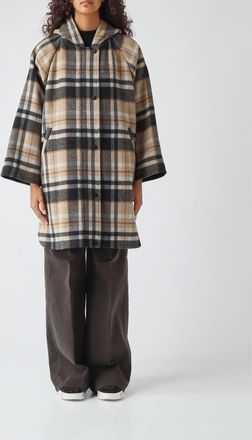Pinko Tartan Wool-Blend Coat with a Hood and Single-Breasted Closure