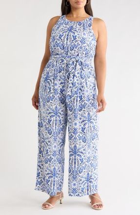 Sugarlips Romina Tropical Jora Sleeveless Jumpsuit in White Blue-Multi at Nordstrom, Size 2 X