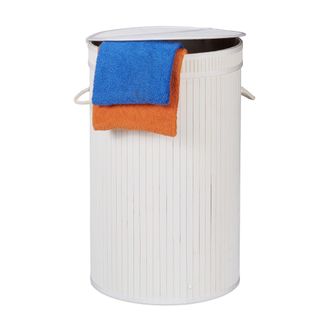 Relaxdays Cesto Ropa Sucia Con Tapa, Cubo Colada Plegable, Redondo, Bamb&uacute;, 65 Litros, &Oslash; 40 Cm, Blanco - Relaxdays